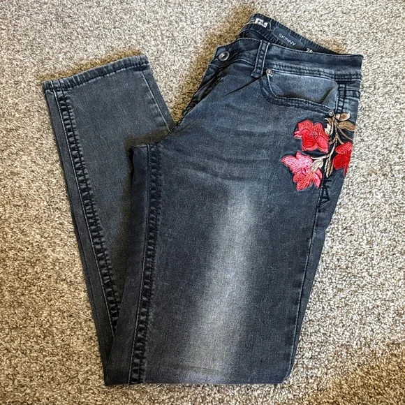 Grace Black Skinny Jeans with Red Floral Embroidery - Picture 1 of 4